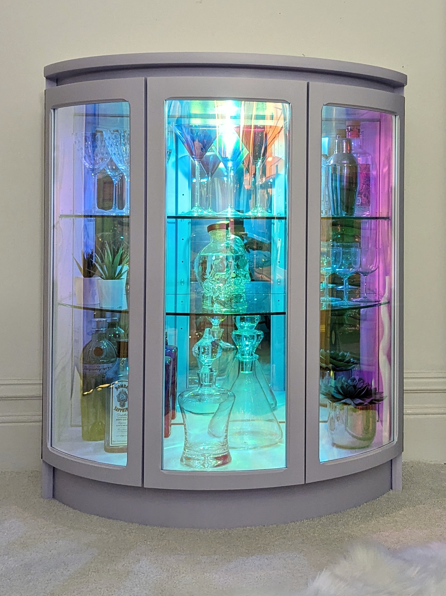 Luna Lilac drinks cabinet with iridescent curved glass Webb Gray