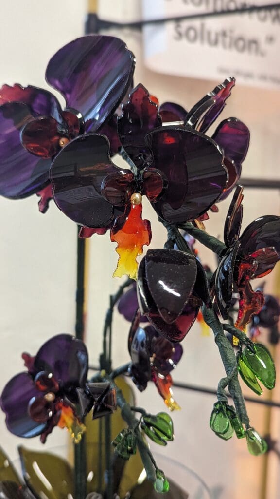 Upcycled purple glass orchids